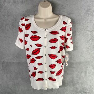 INC Red Lips Print Cardigan Sweater Womens Small Old Money Y2k Preppy Parisian